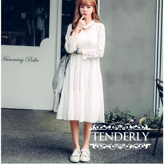 シースルー白レースの長袖膝丈ガーリーワンピース 韓国プチプラパーティードレス通販 Tenderly Dress