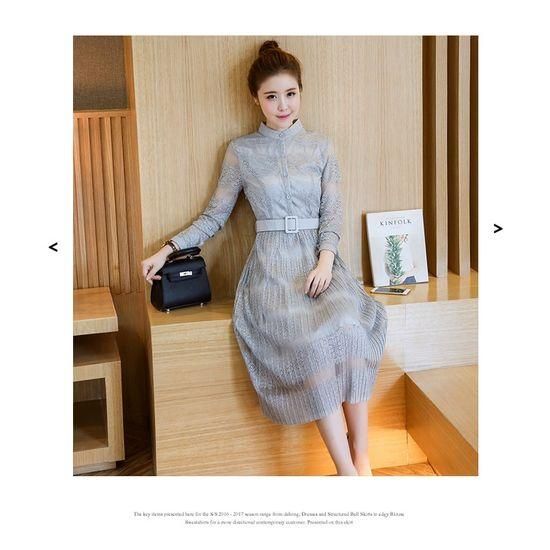 レース ベルベットワンピース 長袖 シースルー ミモレ丈 全2色 レース ベルベットワンピース 長袖 シースルー ミモレ丈 全2色