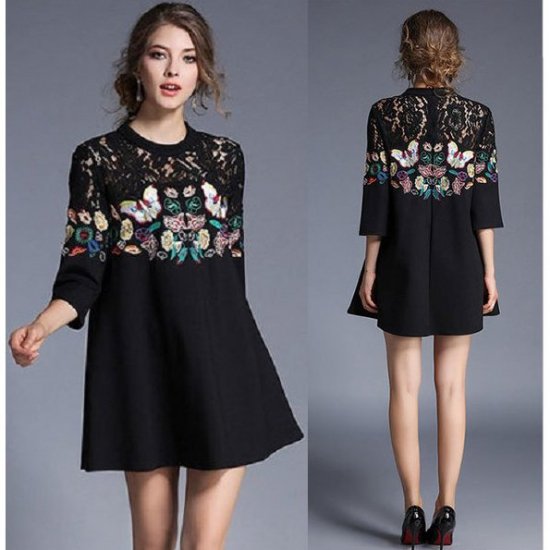 ゆったり裾広がり 花柄蝶々刺繍とレースの七分袖 ドレスワンピース 韓国プチプラパーティードレス通販 Tenderly Dress