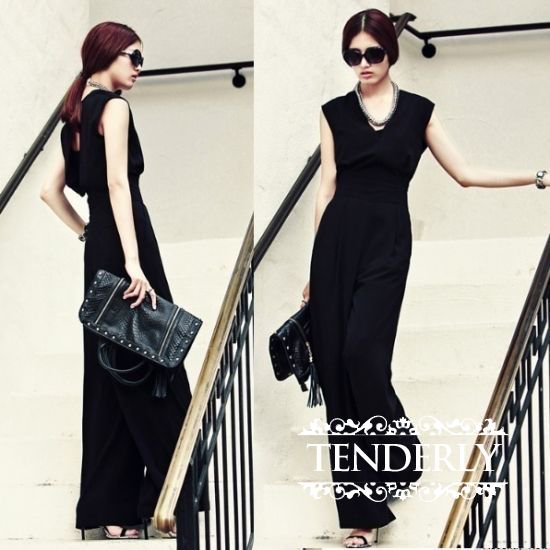 ノースリーブワイドパンツの黒パンツドレス オールインワン - 韓国プチプラパーティードレス通販『TENDERLY DRESS』