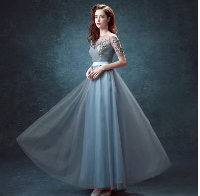 ペールブルーのチュールレースがが幻想的な半袖フルレングスロングドレス - 韓国プチプラパーティードレス通販『TENDERLY DRESS』
