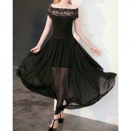 シースルーレッグがセクシーなオフショルダー黒ドレスワンピース 韓国プチプラパーティードレス通販 Tenderly Dress
