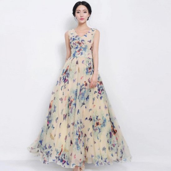 蝶々プリントシフォンのノースリーブフレア ロングマキシワンピース 韓国プチプラパーティードレス通販 Tenderly Dress