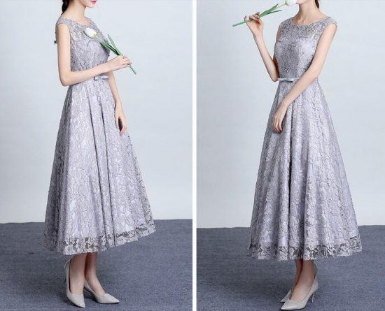 結婚式のゲストドレスとしてオススメ グレーレースのノースリミモレ丈ドレス - 韓国プチプラパーティードレス通販『TENDERLY DRESS』