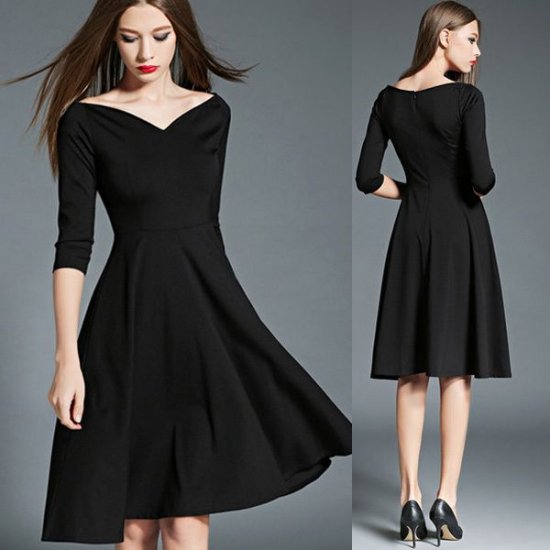 シンプルな黒無地vネックの膝丈ワンピース 韓国プチプラパーティードレス通販 Tenderly Dress