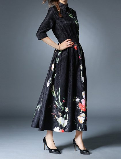 大人ブラック襟付き花柄ロングワンピース 韓国プチプラパーティードレス通販 Tenderly Dress
