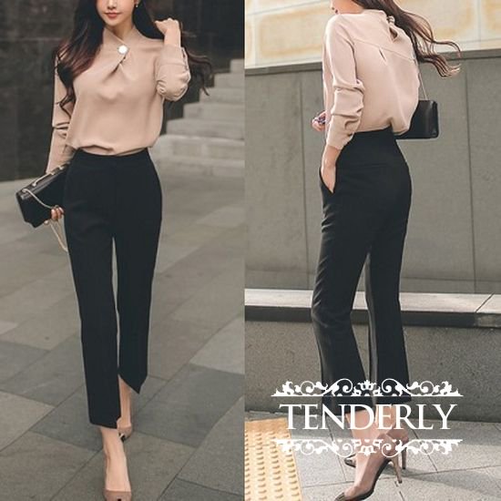 くすみピンクの長袖シフォンブラウスとアンクルパンツのセットアップ - 韓国プチプラパーティードレス通販『TENDERLY DRESS』