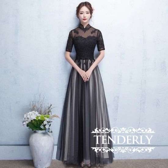 黒フラワーレースのハイネック半袖ロングドレス - 韓国プチプラパーティードレス通販『TENDERLY DRESS』