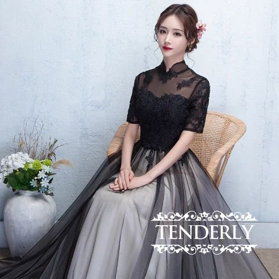 黒フラワーレースのハイネック半袖ロングドレス - 韓国プチプラパーティードレス通販『TENDERLY DRESS』