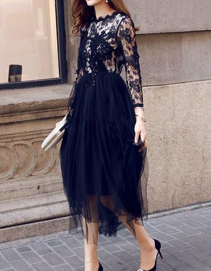 【美品】 RIFANNE リファンネ レース パーティドレス ワンピース 黒 即納】シックな黒レースのパーティードレス ロングワンピース