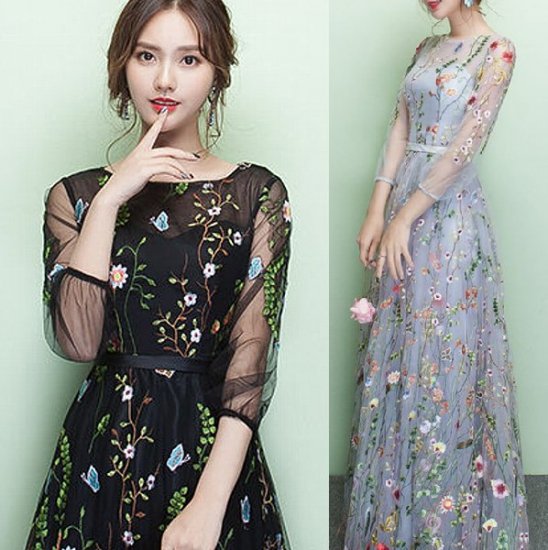 大人気 シースルーボタニカル刺繍 フルレングスドレス - 韓国プチプラパーティードレス通販『TENDERLY DRESS』