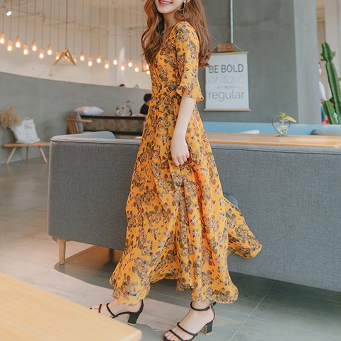 ひとくせカラー ロングフレア小花柄ワンピース 韓国プチプラパーティードレス通販 Tenderly Dress