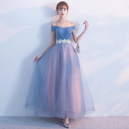 ブライズメイドに 清楚なオフショルダーのロングドレス - 韓国プチプラパーティードレス通販『TENDERLY DRESS』