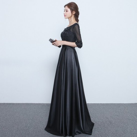 シックなスパンコールづかい 七分袖ブラックロングドレス - 韓国