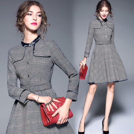 レトロクラシカルなグレンチェックの長袖ワンピース 韓国プチプラパーティードレス通販 Tenderly Dress