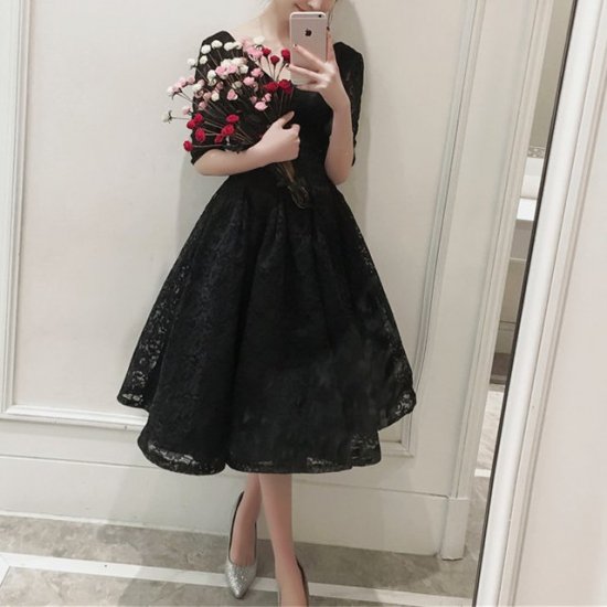 結婚式や謝恩会に 黒花柄レースVネックミモレ丈ドレス - 韓国プチプラ