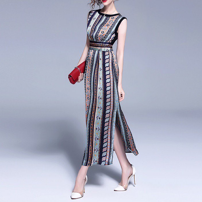 個性的なアジアンテイスト ストライプロングワンピース 韓国プチプラパーティードレス通販 Tenderly Dress