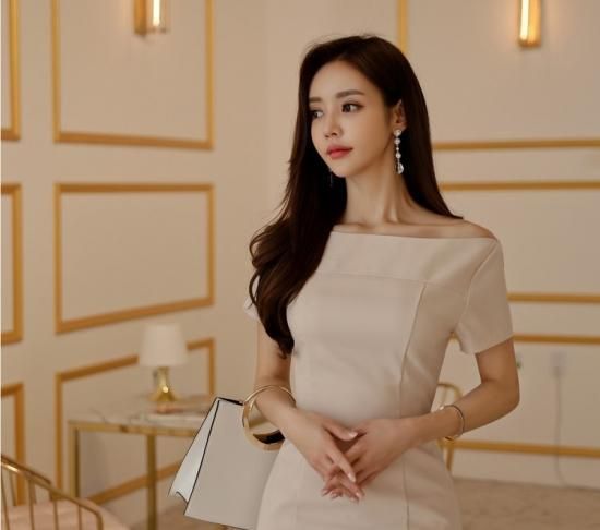 上品セクシー ワイドボートネック シンプルワンピース - 韓国