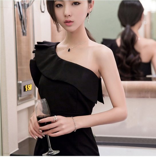 Wフリルのワンショルダーがドレッシーなタイトワンピース 韓国プチプラパーティードレス通販 Tenderly Dress