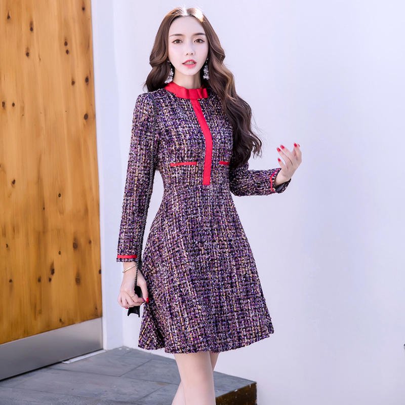 レトロガーリー バービー風ツイード長袖フレアワンピース 韓国プチプラパーティードレス通販 Tenderly Dress
