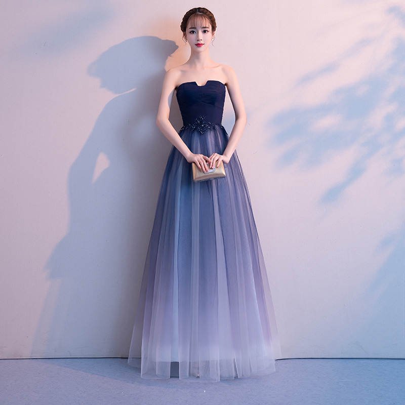 演奏会やお色直しに エレガントなネイビーのベアトップロングドレス - 韓国プチプラパーティードレス通販『TENDERLY DRESS』
