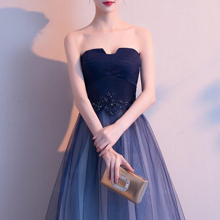 演奏会やお色直しに エレガントなネイビーのベアトップロングドレス - 韓国プチプラパーティードレス通販『TENDERLY DRESS』