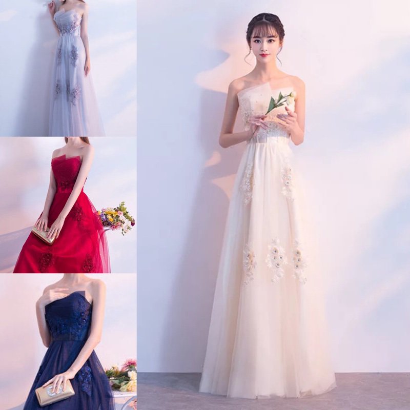演奏会やお色直しに ガーリーなフラワーモチーフ ベアトップロングドレス - 韓国プチプラパーティードレス通販『TENDERLY DRESS』