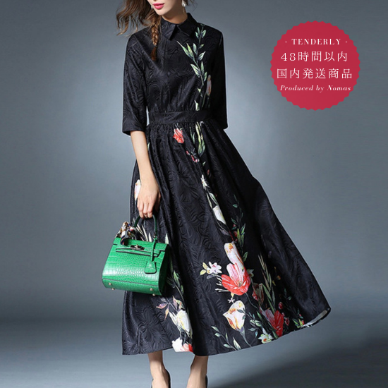 即納 大人ブラック襟付き花柄ロングワンピース 韓国プチプラパーティードレス通販 Tenderly Dress