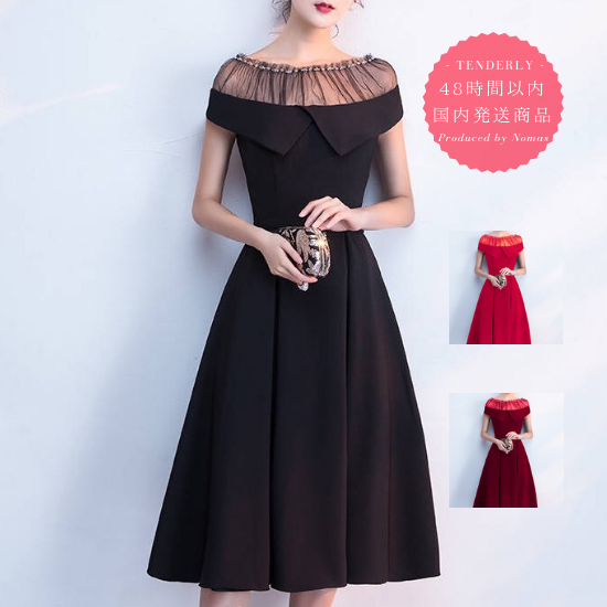 即納 結婚式やパーティーに 清楚なヘプバーン風フィット フレアワンピース 韓国プチプラパーティードレス通販 Tenderly Dress