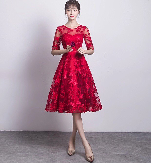 結婚式や謝恩会に 華やかなコードレース刺繍の五分袖ドレスワンピース - 韓国プチプラパーティードレス通販『TENDERLY DRESS』