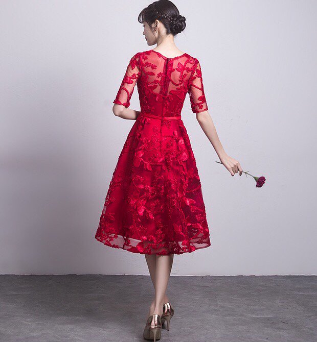 新品 華やか バテンレース刺繍 深紅 ピンクレッド ワンピースドレス