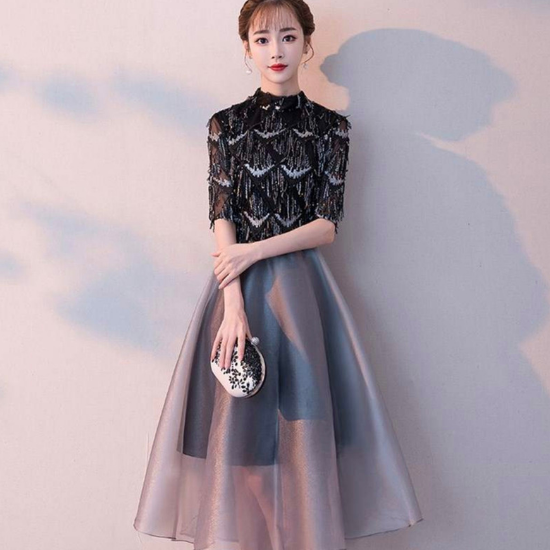 華やかで個性的 フリンジ風スパンコール 五分袖ドレスワンピース 韓国プチプラパーティードレス通販 Tenderly Dress