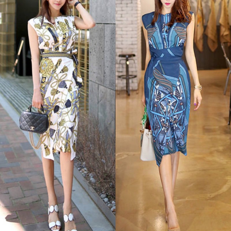 エレガントなスカーフ柄 ノースリーブ膝丈セミタイトワンピース 韓国プチプラパーティードレス通販 Tenderly Dress