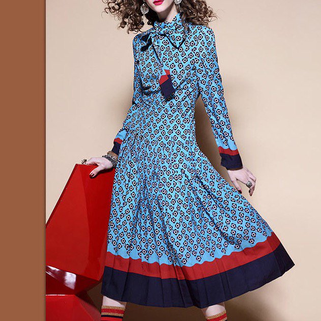 レトロで個性的 鮮やかカラー リボンタイ長袖ワンピース 韓国プチプラパーティードレス通販 Tenderly Dress