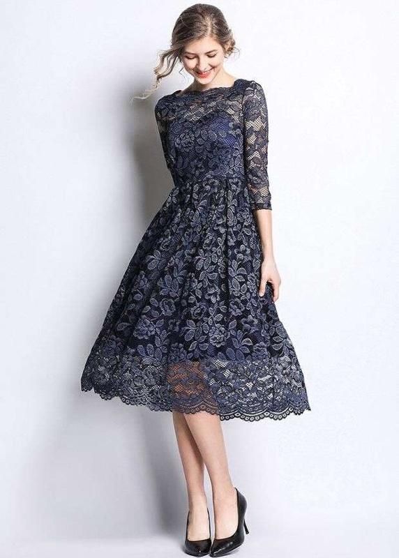 稀少色 Tadashi Shoji ドレス 膝丈ワンピース 総レース ネイビー ...