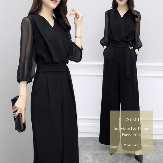 即納】パンツドレス シースルー ベルト カシュクール 結婚式 お呼ばれ