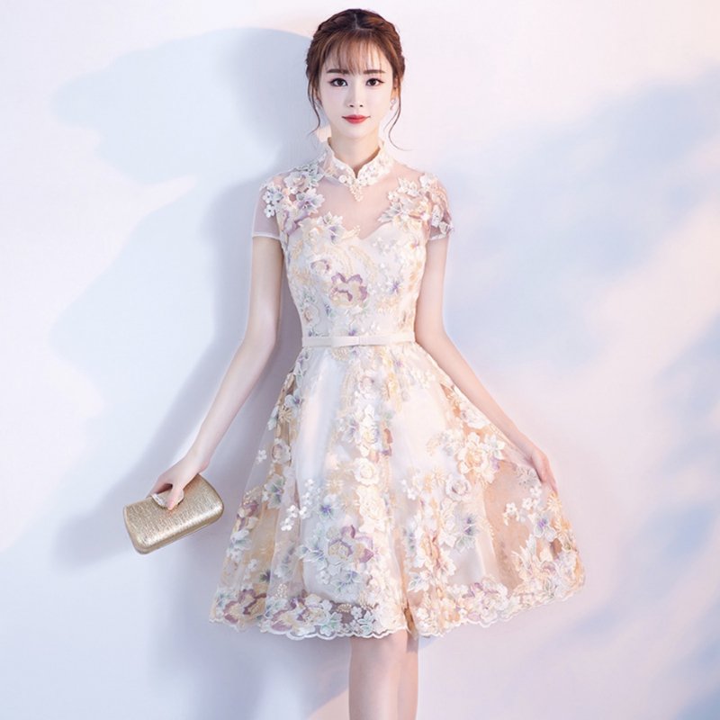 お呼ばれや発表会に マオカラーとシースルー切り替えがエレガントな花柄刺繍の半袖ドレス - 韓国プチプラパーティードレス通販『TENDERLY  DRESS』
