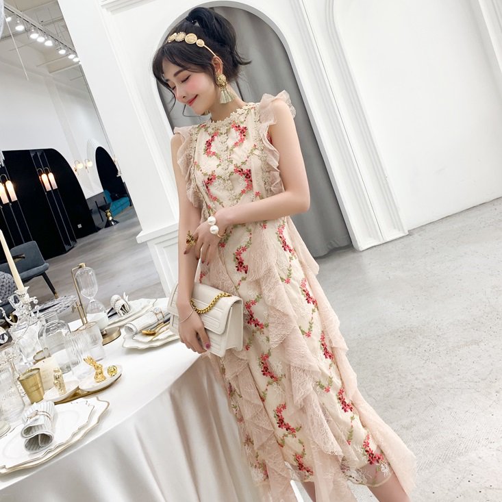【新品】XSサイズ　お呼ばれドレス　花柄刺繡　ロングワンピース　フォーマル