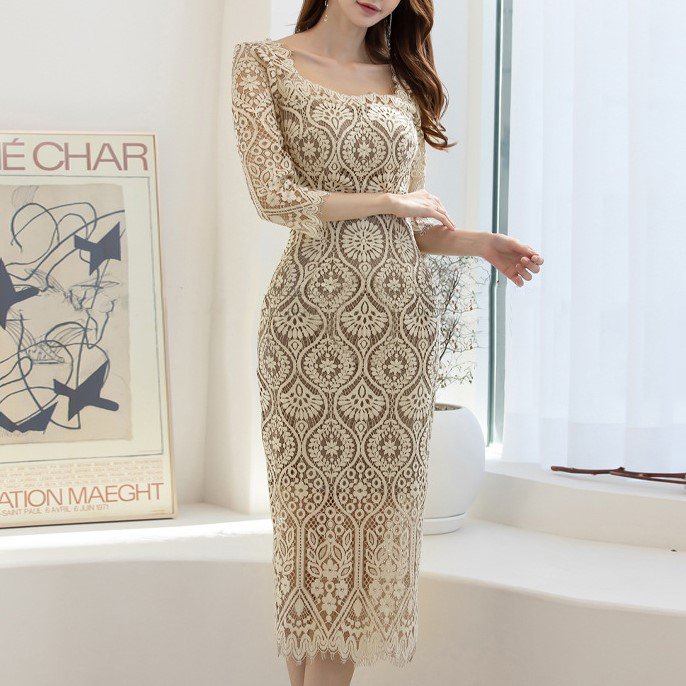 人気の海外デザイン 上品かわいい繊細総レースのミディアムタイトワンピース ドレス