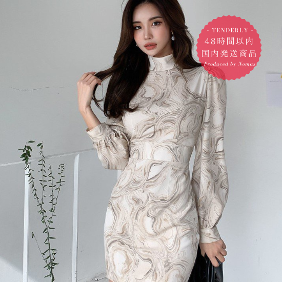 即納 デートやお呼ばれにもおすすめ エレガントなマーブル柄の長袖ミニワンピース 韓国プチプラパーティードレス通販 Tenderly Dress
