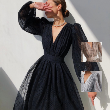 個性的でおしゃれな海外デザイン バルーン袖がかわいいドット柄ロングワンピース ドレス 3色