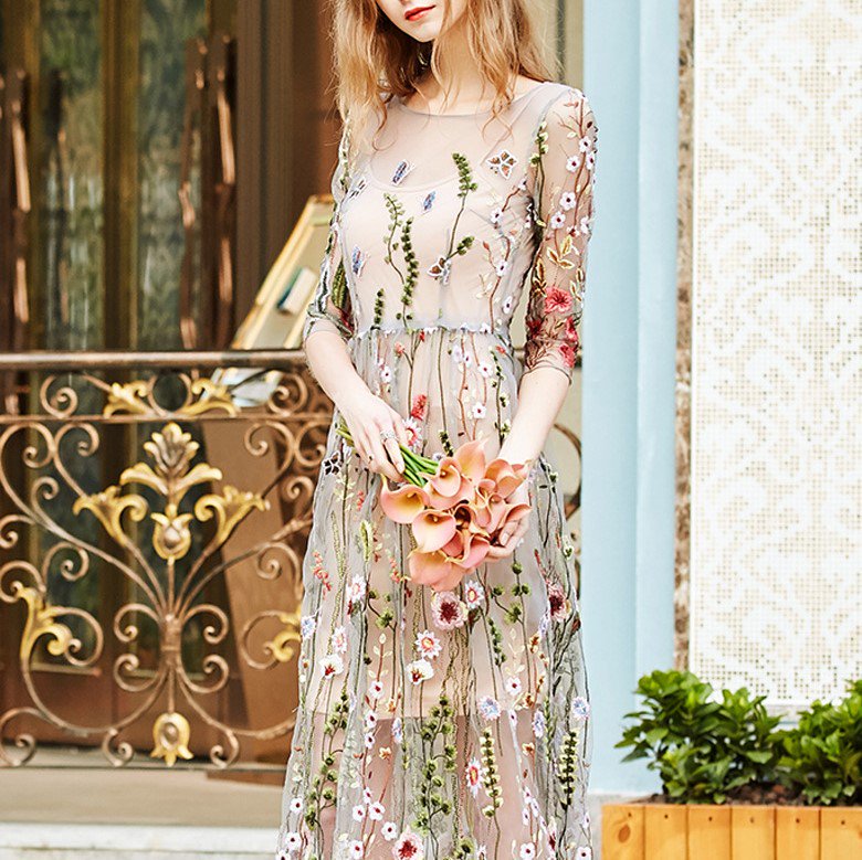 即納】華やかで個性的 繊細な花柄刺繍がかわいいシースルーの袖ありワンピース ドレス