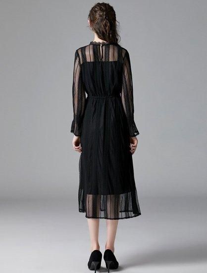 黒のメッシュ袖ロングドレス お呼ばれドレスに活躍 オトナかわいいメッシュとレースの長袖