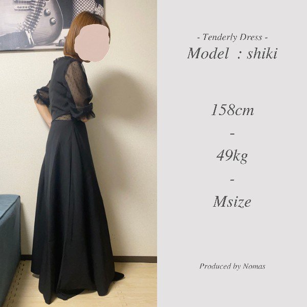 【即納】結婚式や二次会に プチドット柄シフォン袖のフレアロング黒ドレス ワンピース