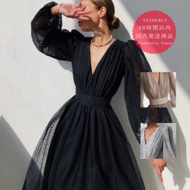 【即納】個性的でおしゃれな海外デザイン バルーン袖がかわいいドット柄ロングワンピース ドレス 3色