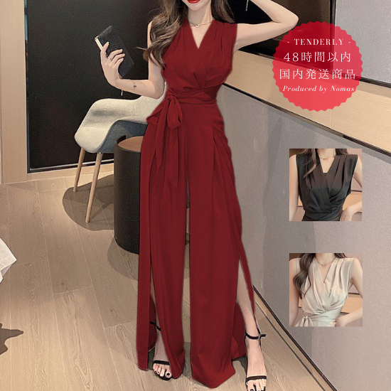 【即納】エレガントでおしゃれな海外デザイン ロングスリットのノースリーブパンツドレス オールインワン