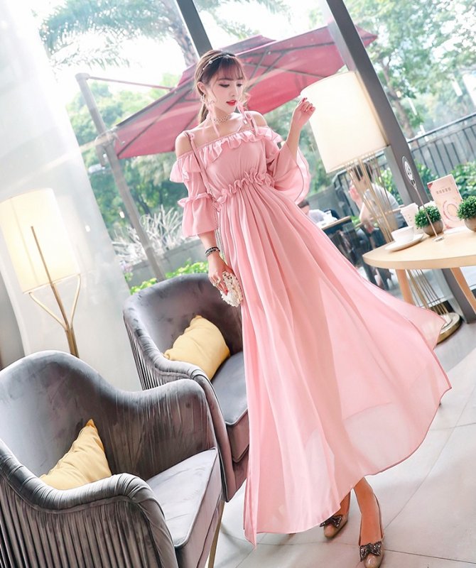 Raabta peach cold hot sale shoulder long dress