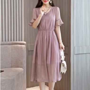 S〜3Lの豊富なサイズ展開 上品かわいいきれいめシフォンのミディ丈袖ありワンピース ドレス 3色