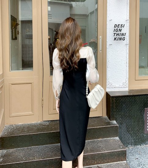【即納】人気の海外デザイン ふんわりかわいいギャザースリーブのミディ丈長袖ワンピース カジュアルドレス -  韓国プチプラパーティードレス通販『TENDERLY DRESS』