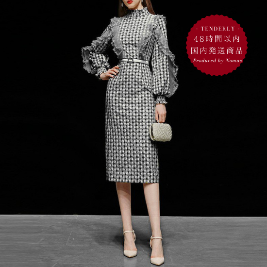 【即納】異素材MIXの個性派デザイン 刺繍やフリルがかわいいチェック柄ミディ丈長袖ワンピース ドレス -  韓国プチプラパーティードレス通販『TENDERLY DRESS』